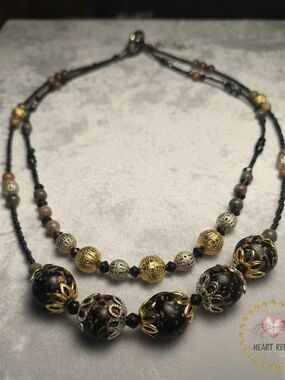 Layered Black and Gold Beaded Statement Necklace